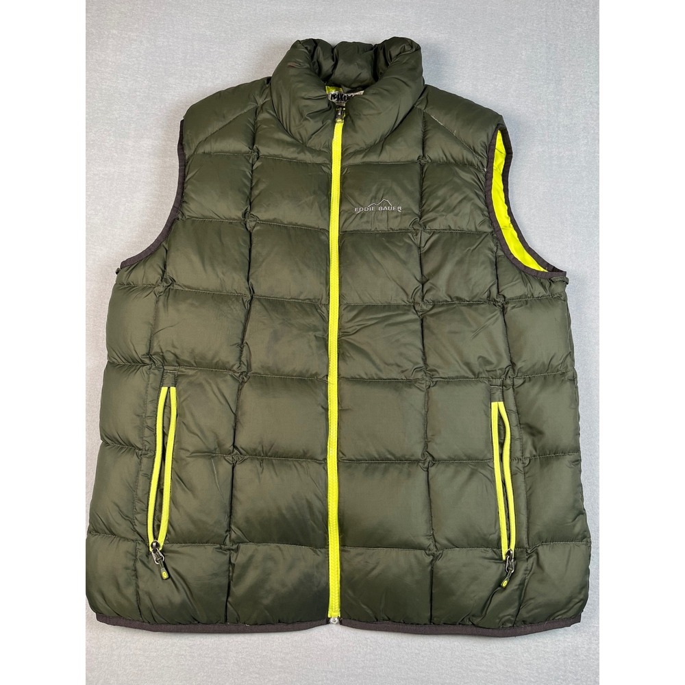 Eddie Bauer puffer vest Large Lightweight Goose Down 700 Fil Olive Green Padded